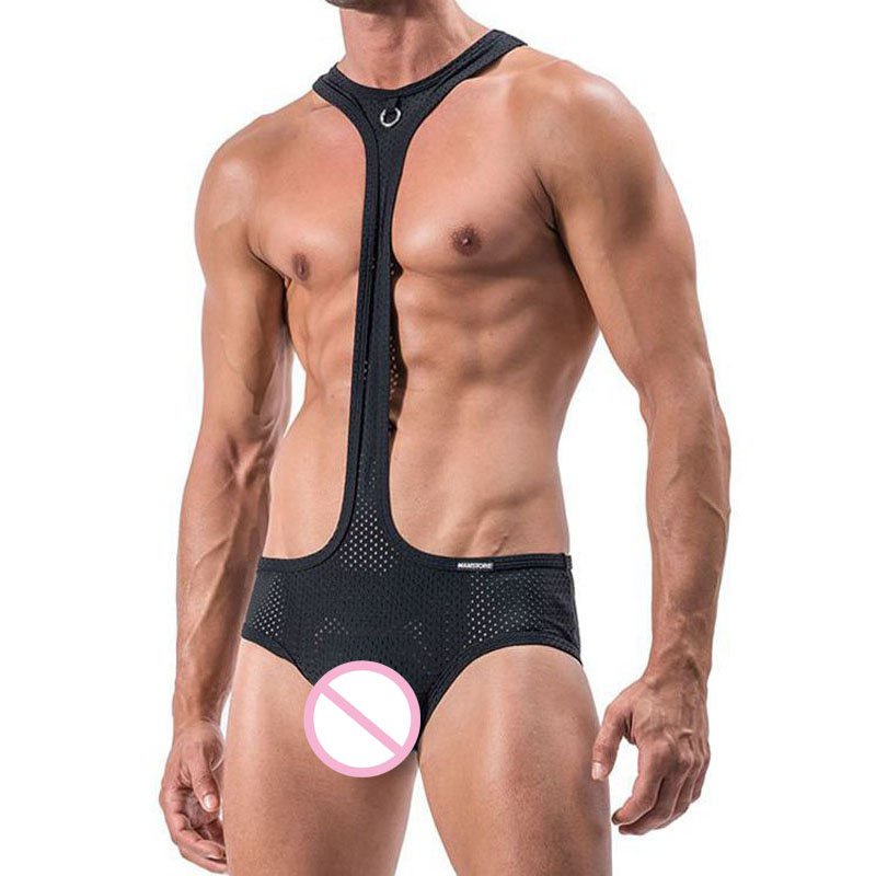 Mens Sexy Mesh Bodysuit Jockstrap Bodywear Undershirt Wrestling Singlet Leotard Jumpsuits Suspender