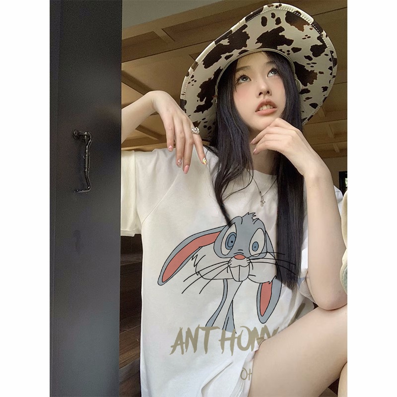 EUNII T-shirt Lengan Pendek Cartoon Fun Bunny Korean Style/Kaos Atasan Wanita/Baju Kaus Oversize Wanita/Kaos Wanita