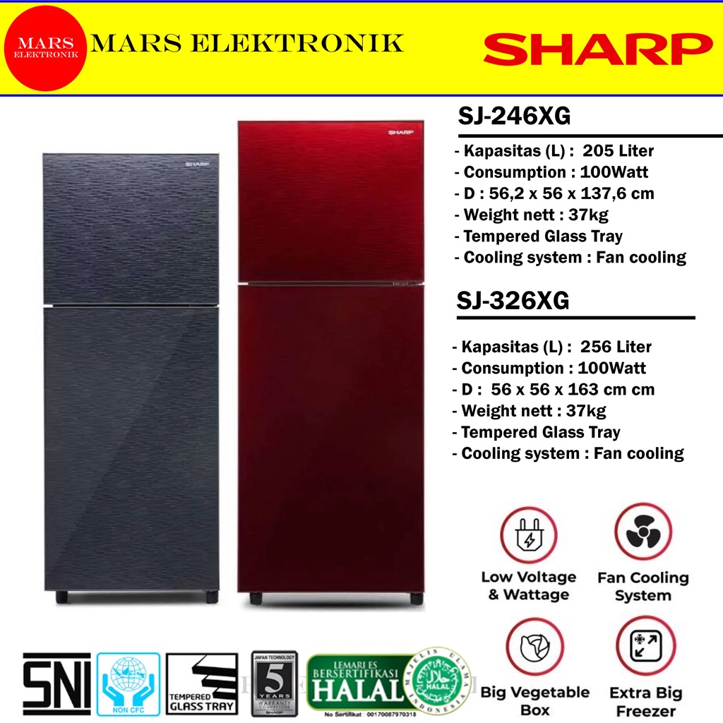 KULKAS SHARP SJ-246XG / SJ-326XG -  205 LITER - SJ 246 XG -  SJ246XG - KULKAS SHARP 2 PINTU