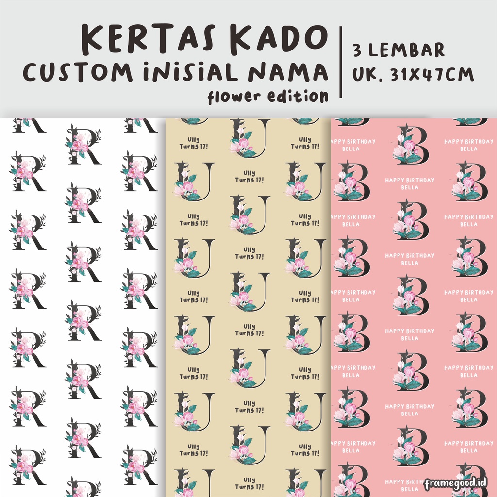 

KERTAS KADO CUSTOM INISIAL flower edition (3 lembar A3+) / graduation wedding birthday lebaran ulang tahun anniversary idul fitri natal hampers kenangan