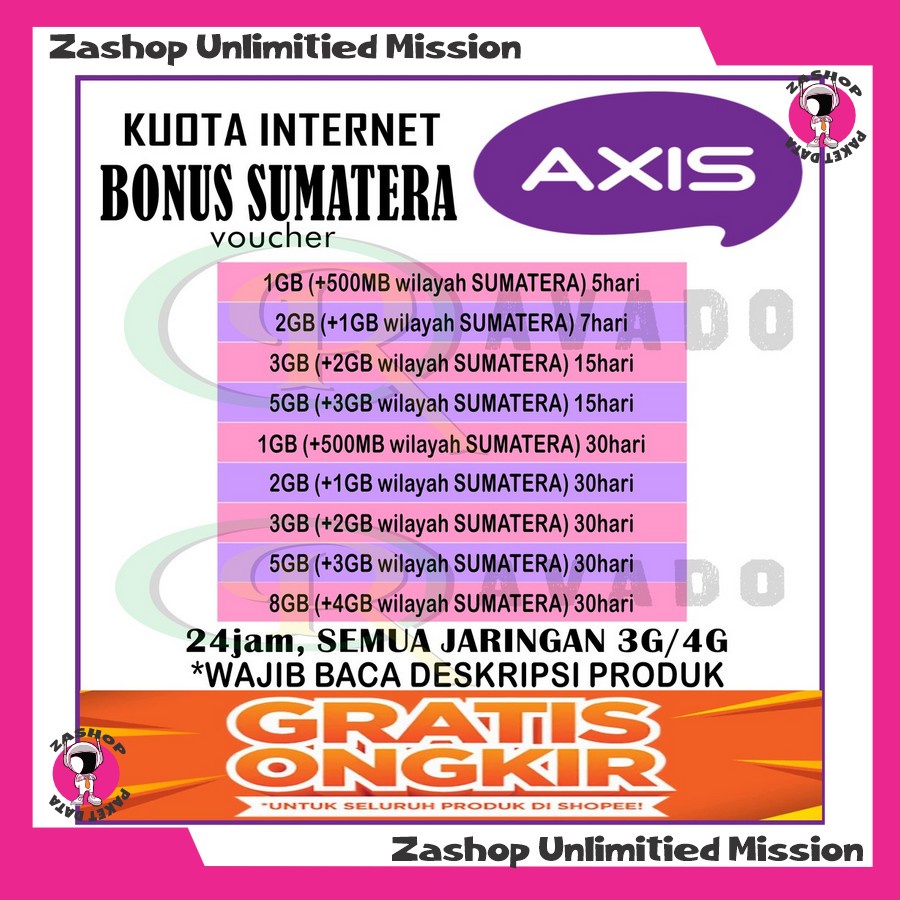 VOCER AXIS BONUS SUMATERA PAKET DATA KUOTA INTERNET AXIS BRONET AIGO 1GB 3GB 5GB 8GB 12GB