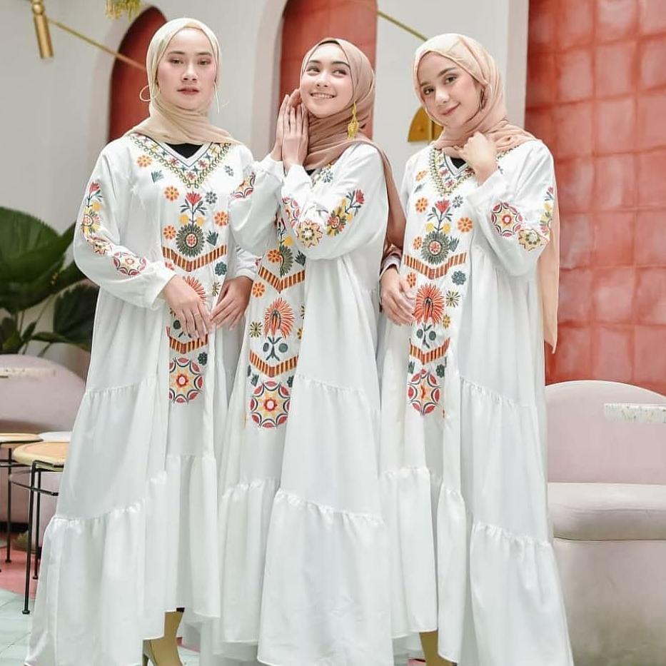 LANGSUNG ORDER Ramadhani Dress Gamis Putih Bordir M-XXXL Jumbo Gamis Bordir Turki Gamis Bordir Bunga