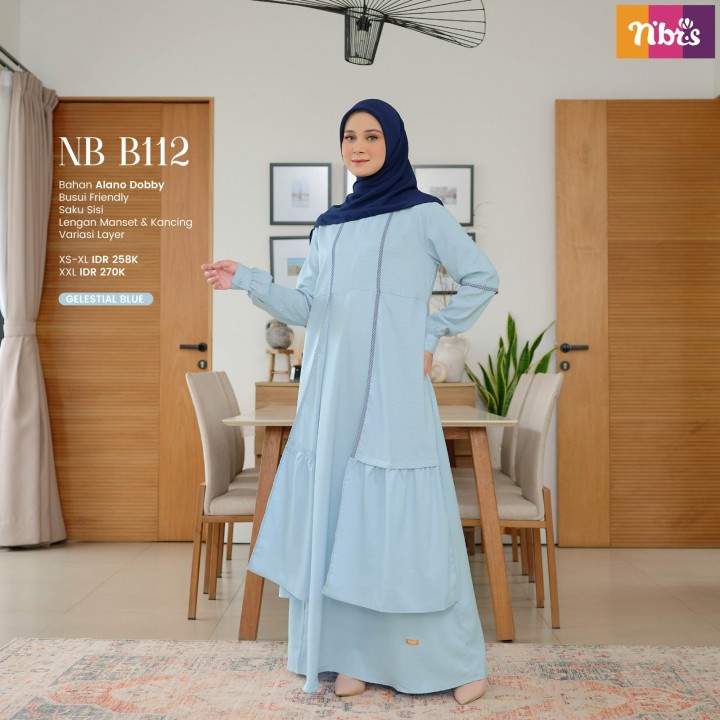 Gamis Nibras Original NB B112 Dessert Sage - Light Mahogany - Gelestial Blue / Fashion Muslim Terbaru 2023