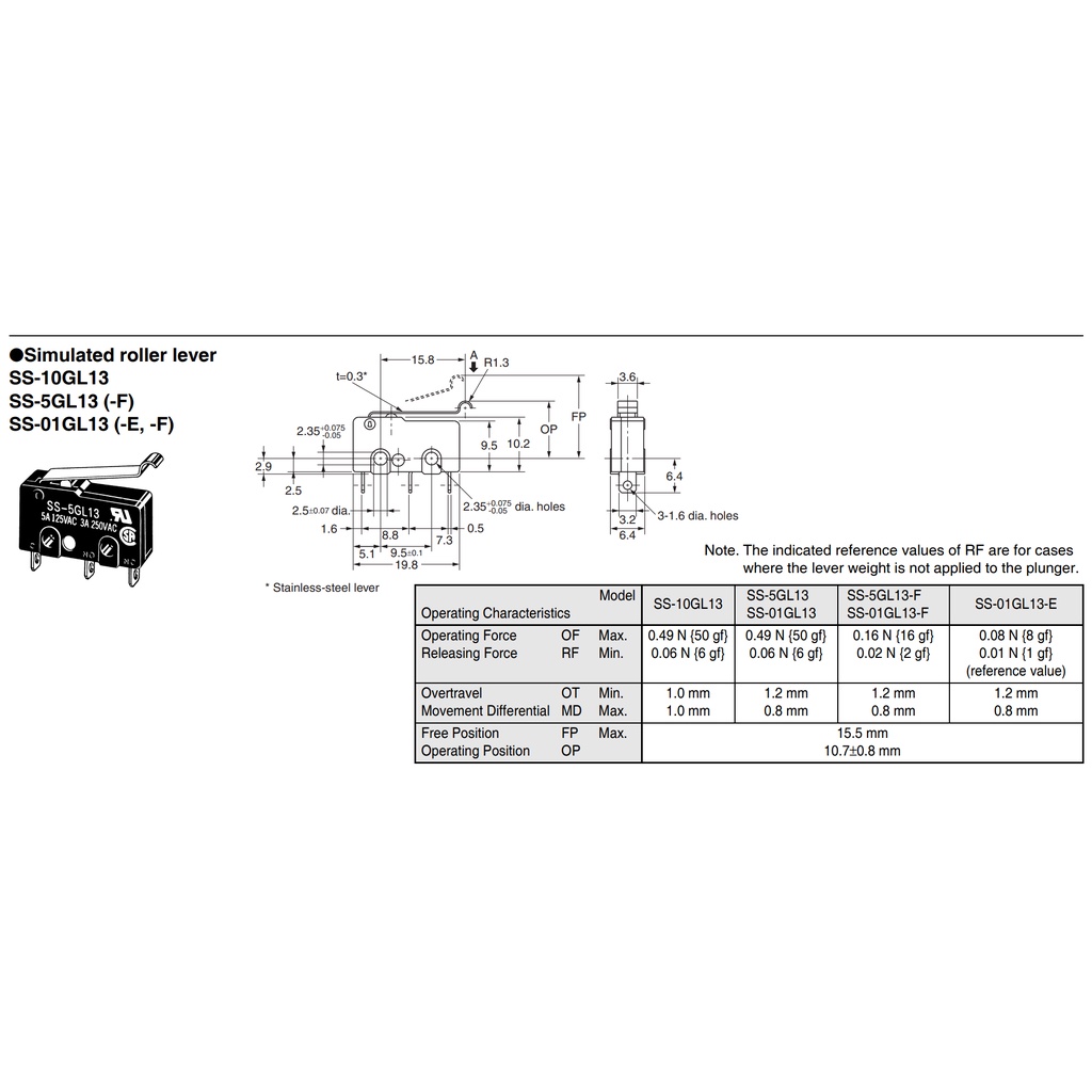 Microswitch Omron SS-5GL13 Subminiature Basic Switch SS-5GL 13