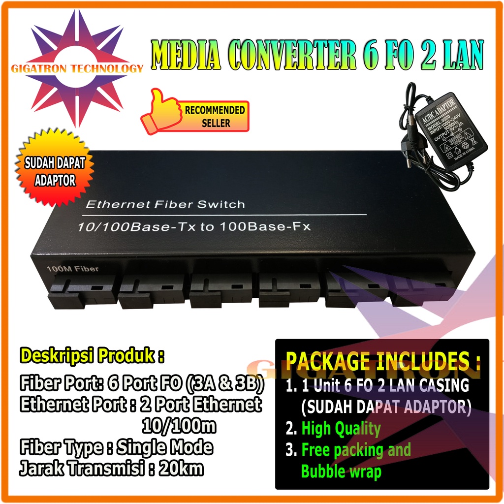 Media Converter Fiber Optic 6 Port FO 2 Port LAN 10/100 Full Body / Switch Fiber Optik 6 FO 2 LAN Si