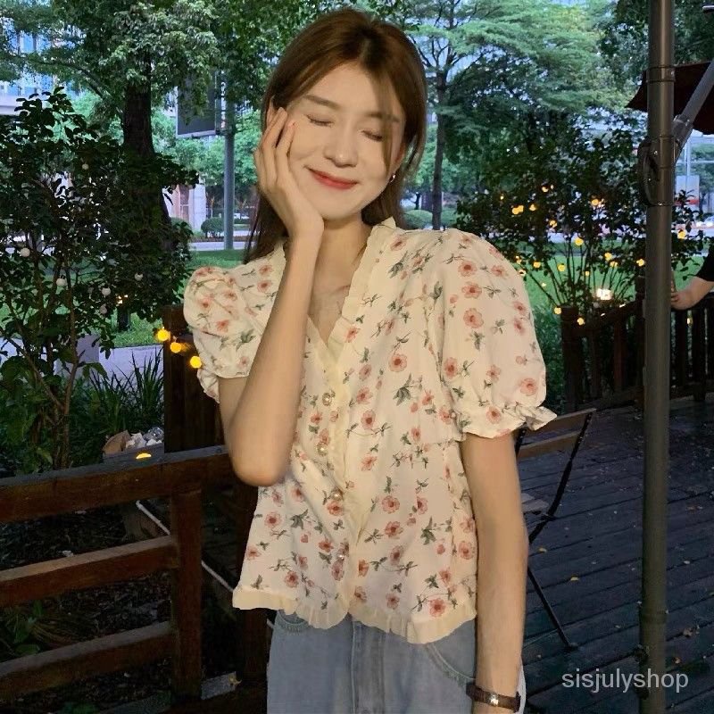 Floral Short Top Chic Shirt Summer Loose N-Neck Lengan Pendek Kemeja Tipis Wanita