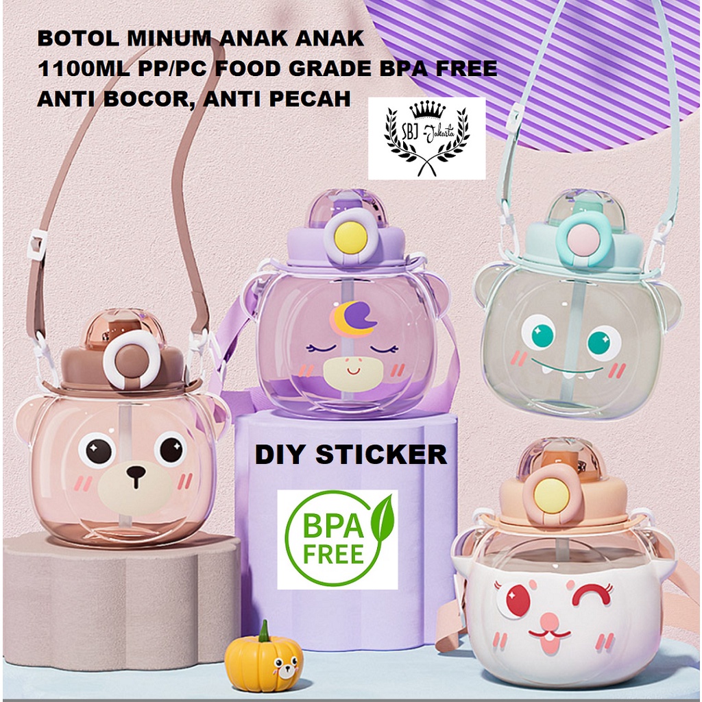 BOTOL MINUM ANAK BEAR FORCE DIY STICKER BPA FREE 1100ml DENGAN TALI DAN SEDOTAN