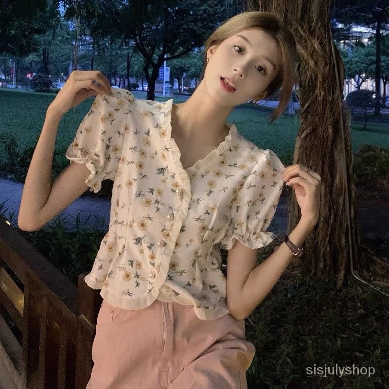 Floral Short Top Chic Shirt Summer Loose N-Neck Lengan Pendek Kemeja Tipis Wanita