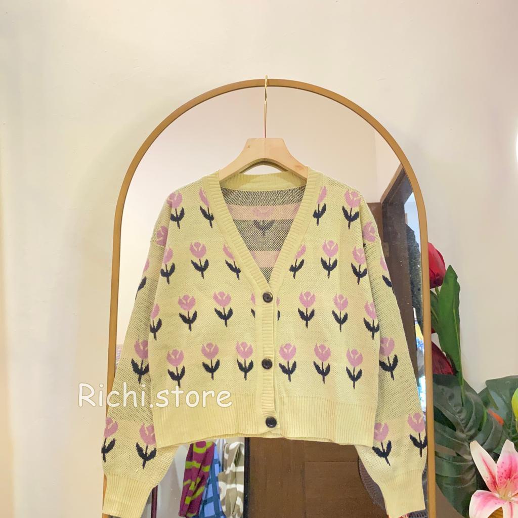 LIVIA CARDIGAN CROP RAJUT MOTIF BUNGA TERBARU