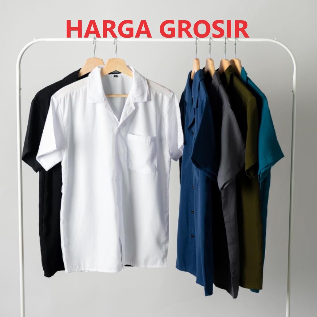 BASIC COLOUR SHIRT - Kemeja Polos Lengan Pendek Pria V-Neck Hawai Vintage Retro Grosir Murah Size XXL, XXXL