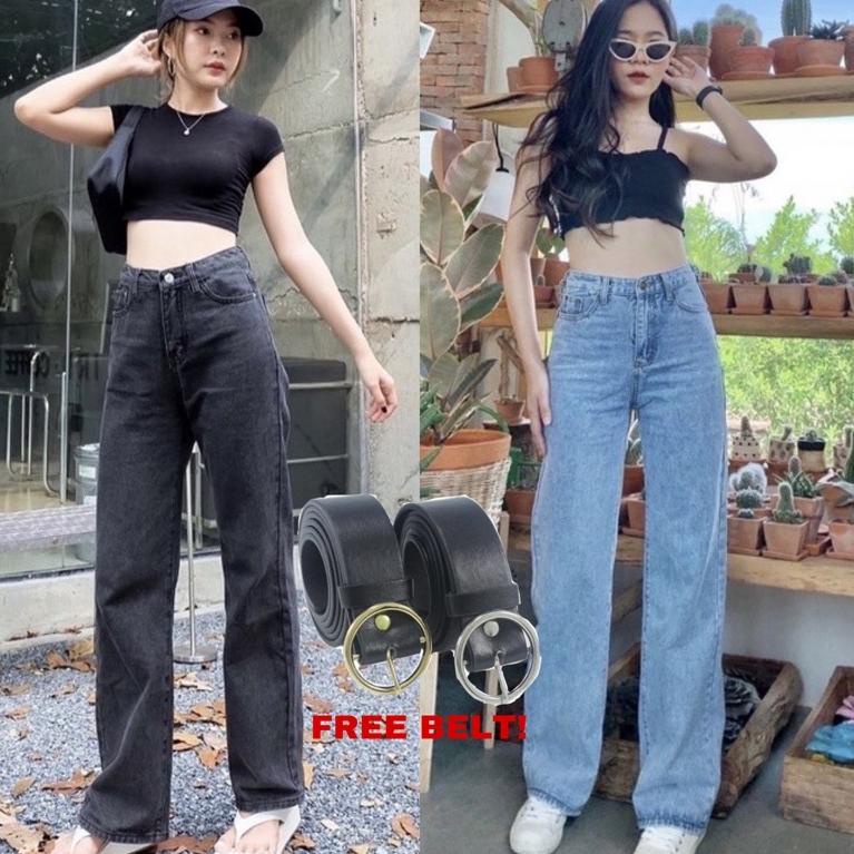 BEST PRODUCT Highwaist Loose Jeans Free Belt Snow Black & Snow Blue