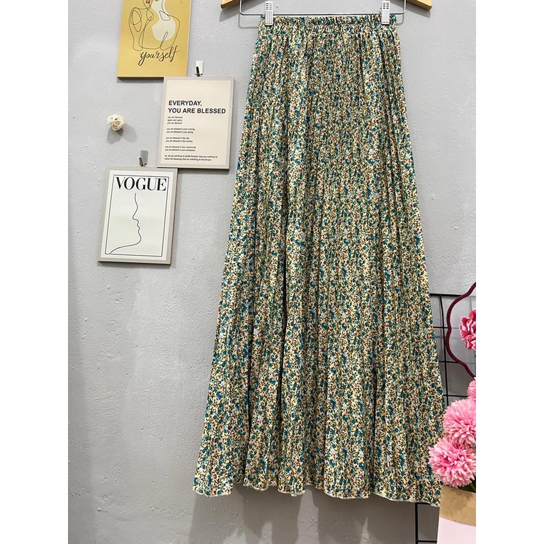 D01 pleated skirt korean style | rok plisket payung printing motif bunga kecil | rok panjang wanita