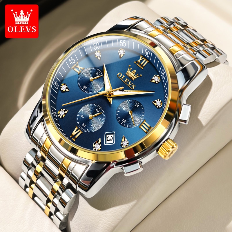 OLEVS Jam Tangan Pria Anti Air Original Stainless Steel Chrono Aktif Cowok Luminous Kalender Analog Men Watch Mode 2858-Emas & Biru