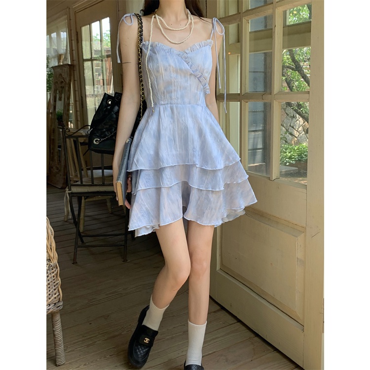 Red kumikumi design sense tie-dye tie dress female spring back hollow suspender skirt A-line skirt short skirt