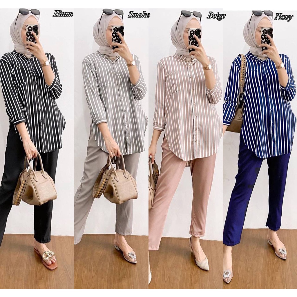 ONE SET SALUR SETELAN KERJA WANDA WANITA SHAKILA TWILL PREMIUM FULL KANCING KERAH SYANGHAI