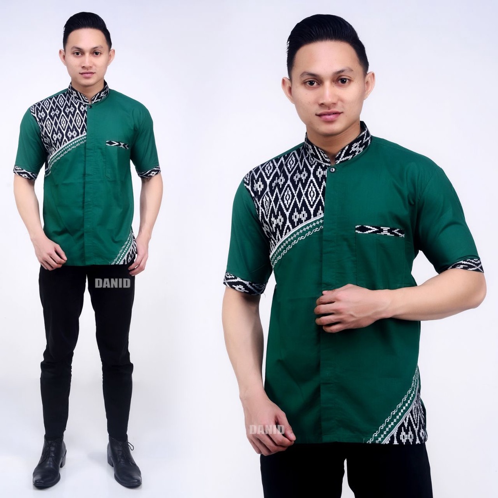 BAJU KOKO SLEMPANG SILVER LENGAN PENDEK WARNA HIJAU BOTOL PRIA MUSLIM DEWASA BATIK VELDANAVA PEKALON