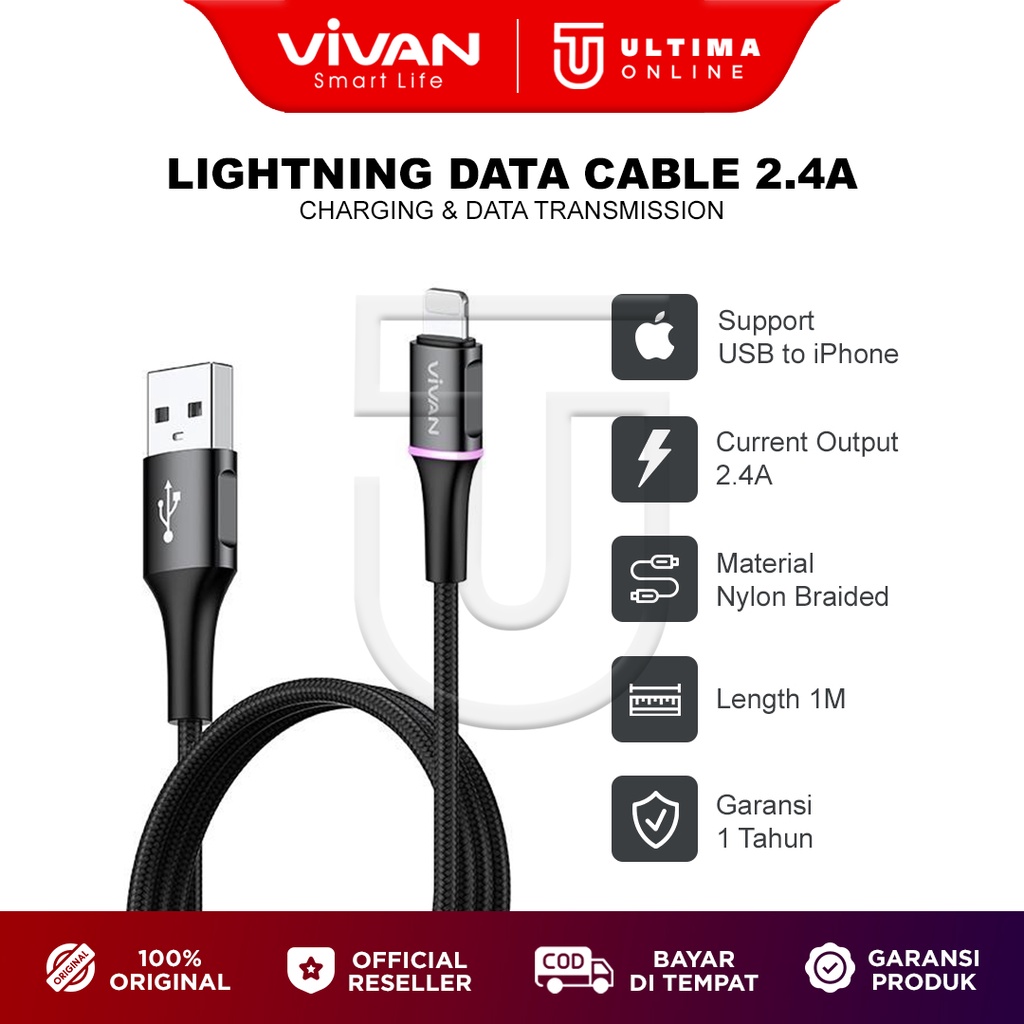 VIVAN Charger iPhone Original Kabel Data iP Lightning Cable Fast Charging VDL100 LED Carger iPhone 6