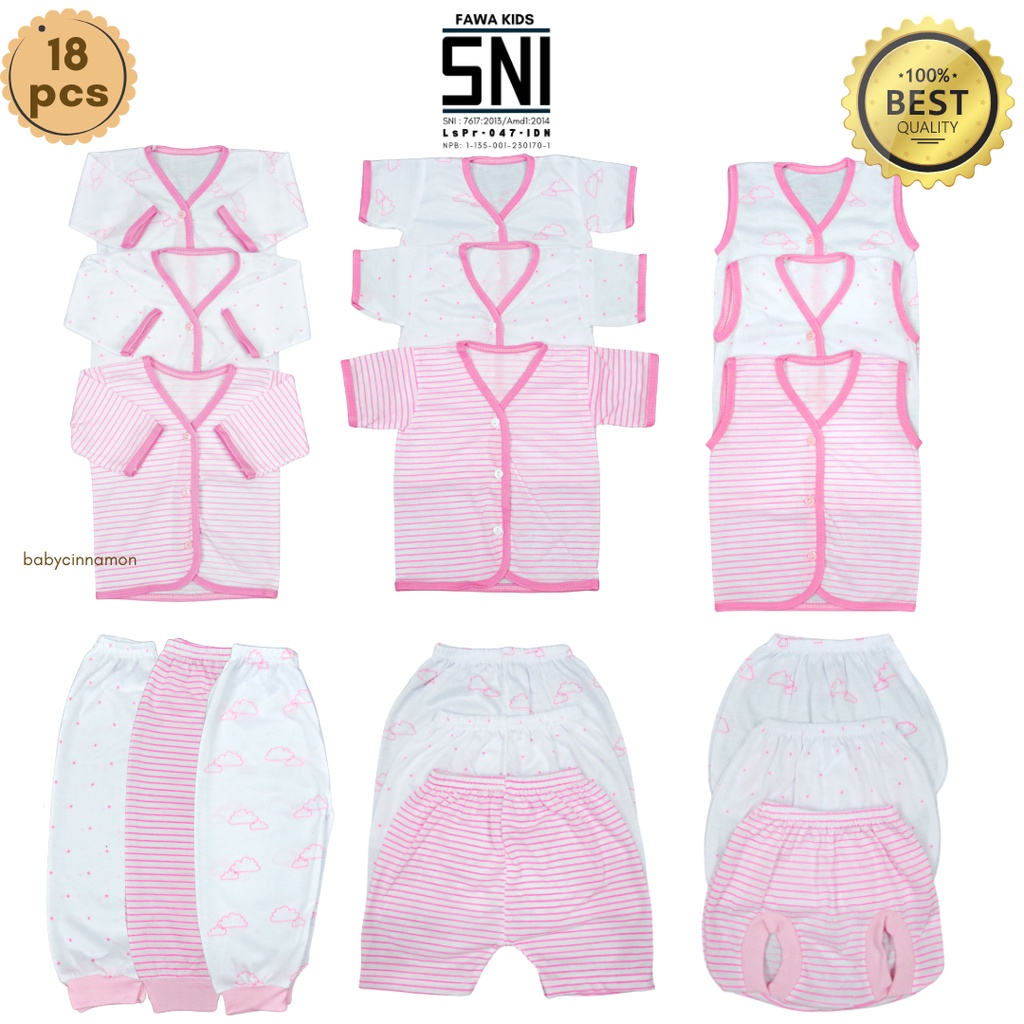 SNI - (18 PCS) Paket Baju Bayi New Born 0-3 Bulan Baju Kancing Kado Lahiran Setelan Stelan Baby Anak Laki Laki Perempuan Celana Pop Panjang Atasan