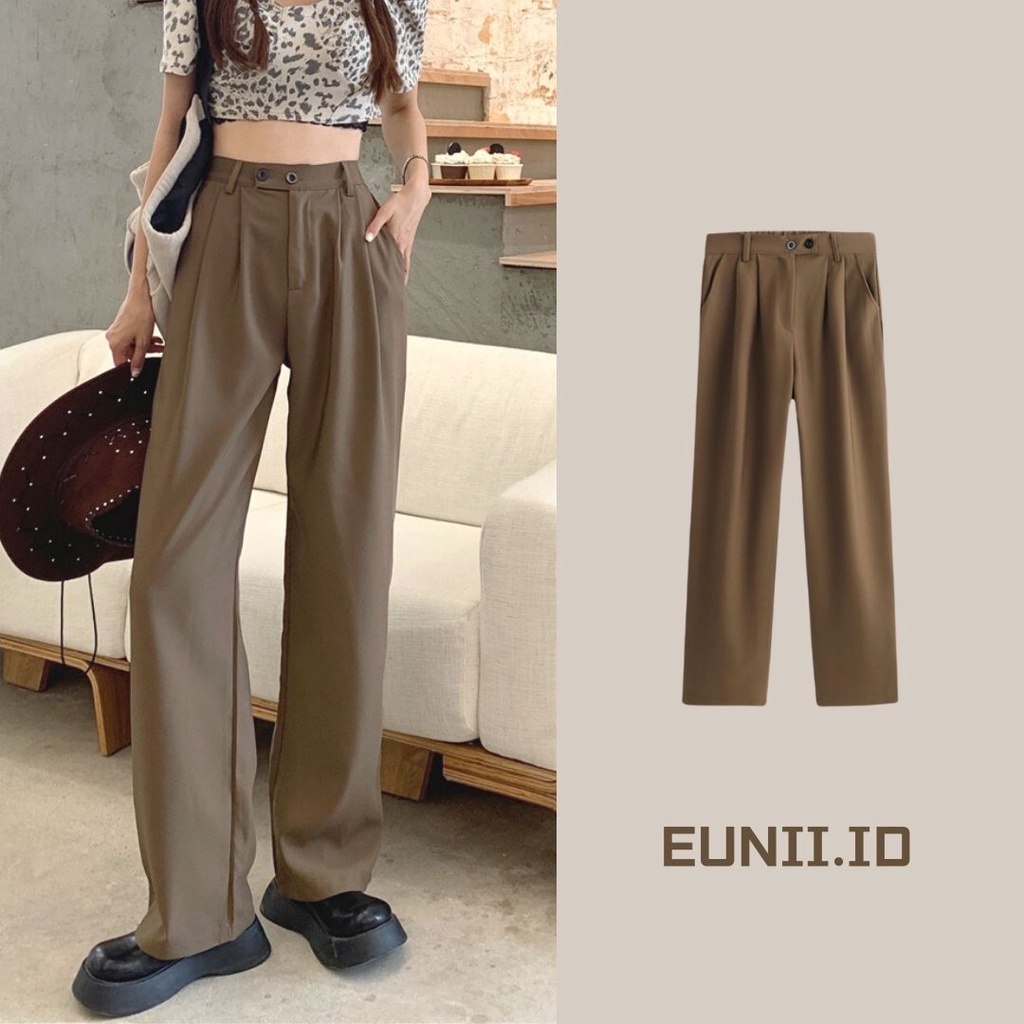 EUNII Celana Panjang Khaki Wanita Retro Basic Color Kasual Loose High Waist Straight Pants Korean Style