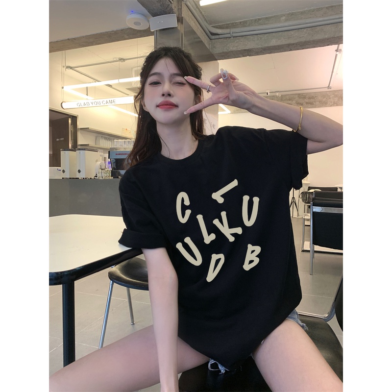 EUNII T-shirt Lengan Pendek Gaffiti In English Korean Style/Kaos Atasan Wanita/Baju Kaus Oversize Wanita/Kaos Wanita