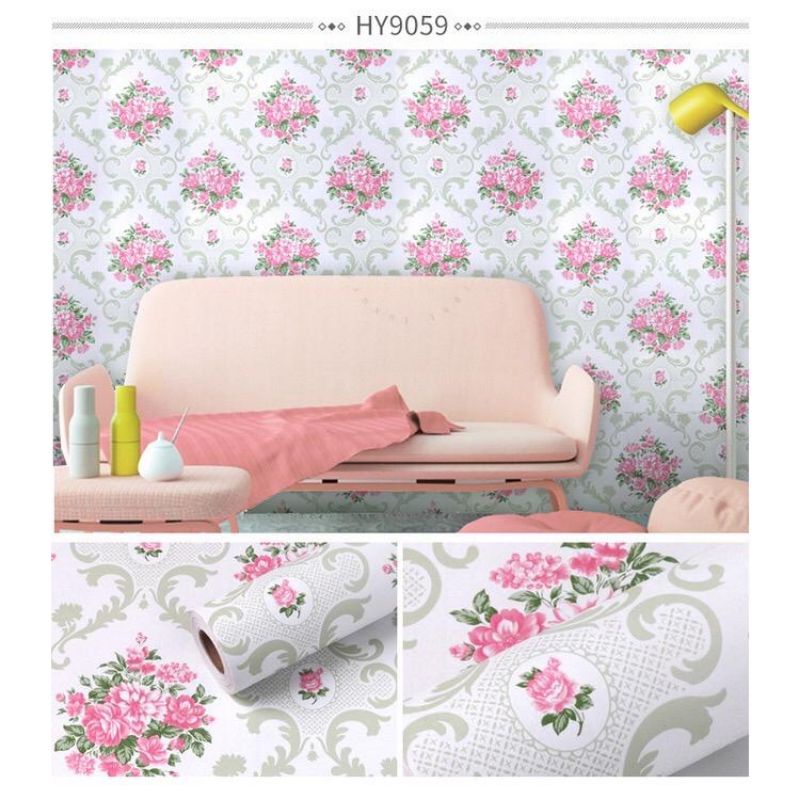 Wallpaper Sticker Dinding Per roll Motif Batik Bunga Pink Dasar Putih Panjang 8sd9meter lebar 45cm