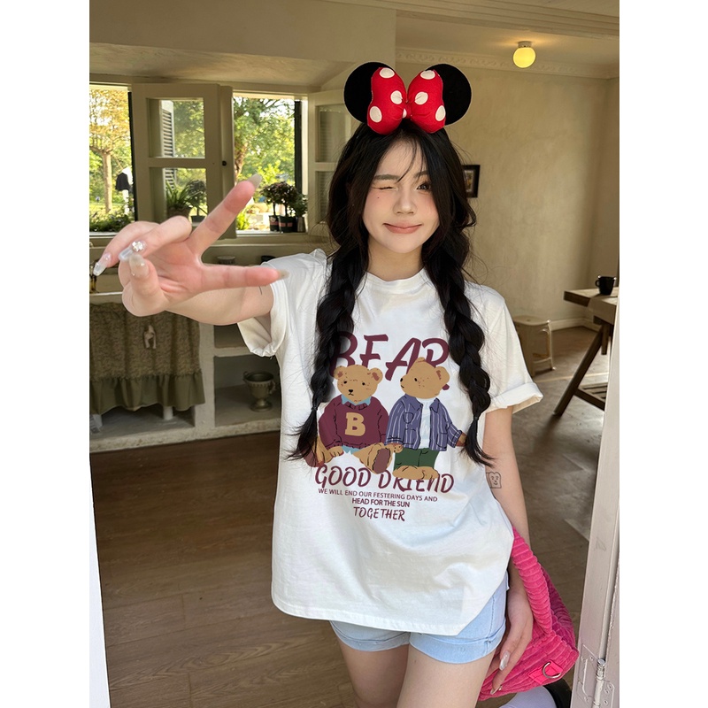 EUNII T-shirt Lengan Pendek Cartoon Red Plush Bear Korean Style/Kaos Atasan Wanita/Baju Kaus Oversize Wanita/Kaos Wanita