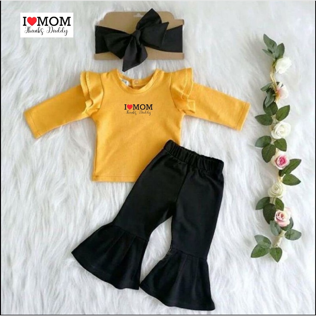 Stelan Kaos Anak Perempuan Celana Cutbray 1-8 Tahun/Atasan Lengan Panjang/model Kerutan Sablon I ❤️ MOM/  Set Lala Kids/ Matt Babyterry