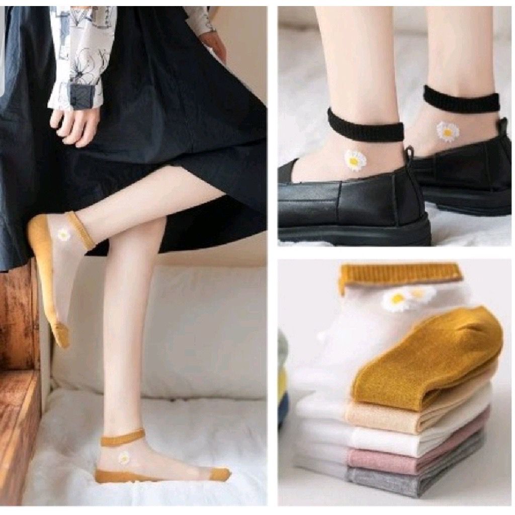 GP Kaos Kaki Transparan Motif Bunga Daisy / Kaos Kaki Wanita Pendek