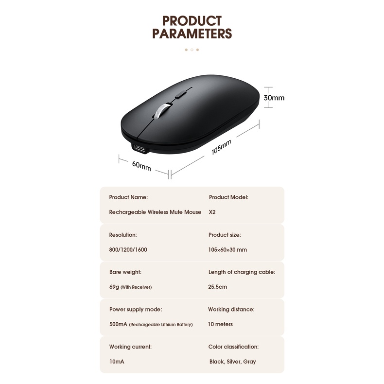 SKU-1304 MOUSE WIRELESS X2 SILENT KLIK CHARGE RECHARGEABLE X-2 DI CAS