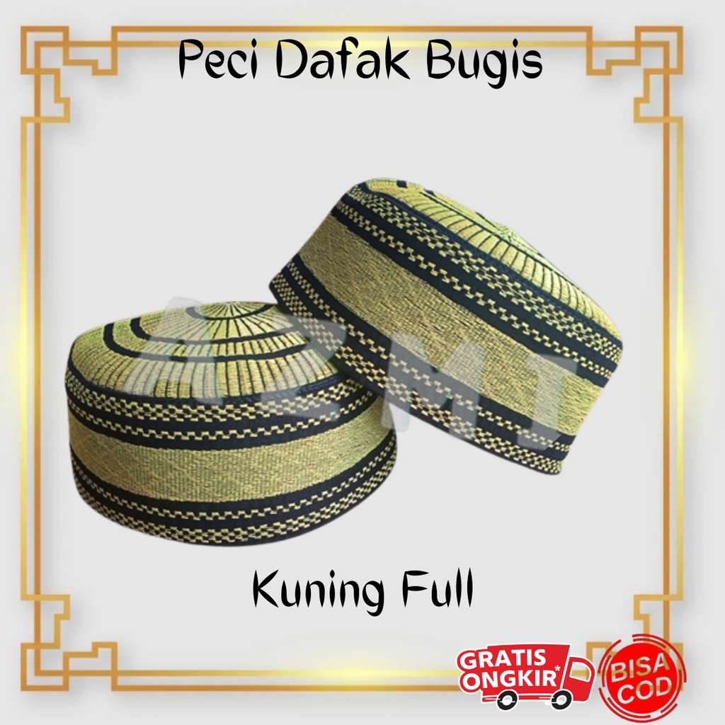 Peci Dafak Motip Bugis Kuning Full / Peci Kopiah Bugis / Peci Dafak Kuning Full Termurah