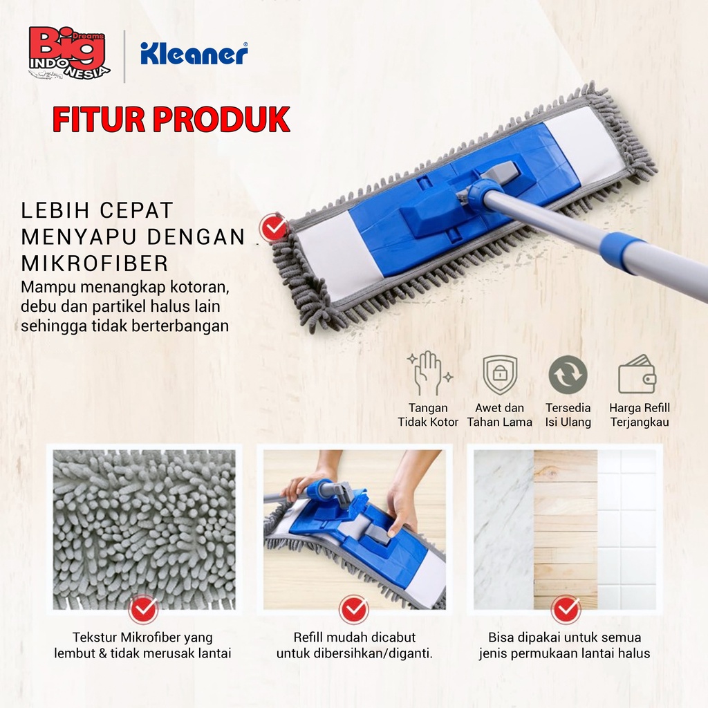 Alat Pel Sapu Debu Bahan Microfiber 1 Set Dust Mop Pembersih Lantai Kleaner GSA002