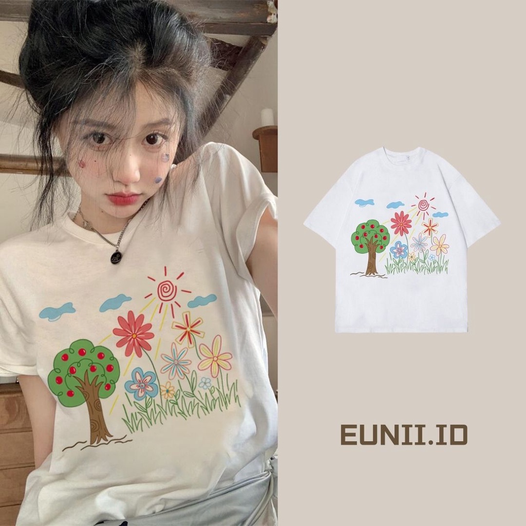 EUNII T-shirt Lengan Pendek Cartoon Landscape Korean Style/Kaos Atasan Wanita/Baju Kaus Oversize Wanita/Kaos Wanita