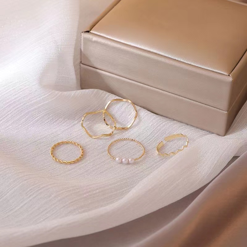 5pcs / Set Cincin Mutiara Geometris Gaya Korea Untuk Aksesoris Wanita