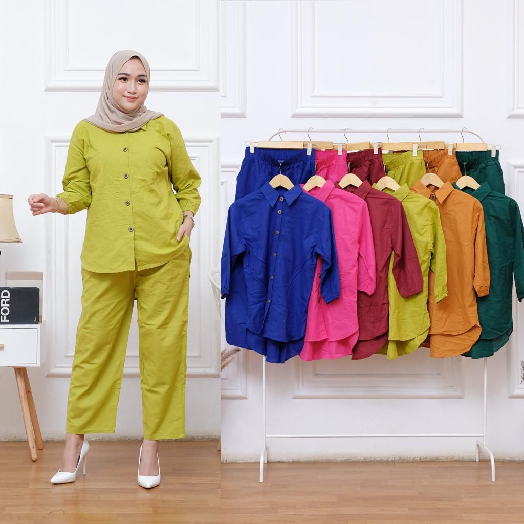 Setelan Wanita Atasan setelan kulot, ONE SET KEMEJA setelan wanita polos terbaru+Celana Kekinian KEMEJA set Linen one set terbaru KEKINIAN TERMURA SET KMEJA OVERSIZE