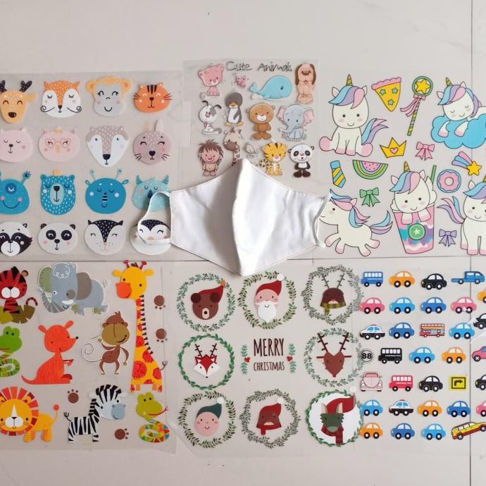 1 set stiker sablon baju kaos masker animal unicorn dino kartun mobil