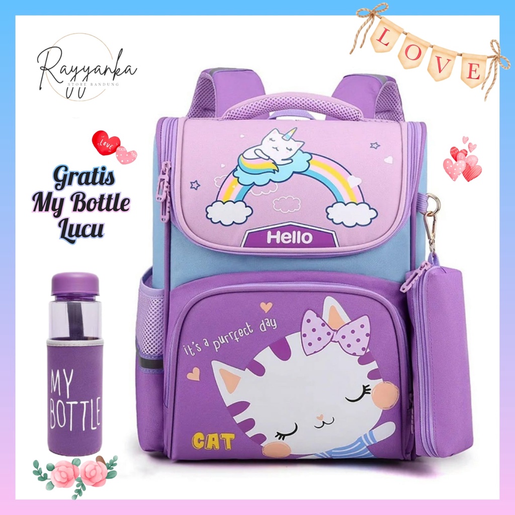 Tas Ransel Anak Perempuan Motif C4t Pelangi Gratis Botol Minum Lucu Untuk Sekolah Tk Paud Sd