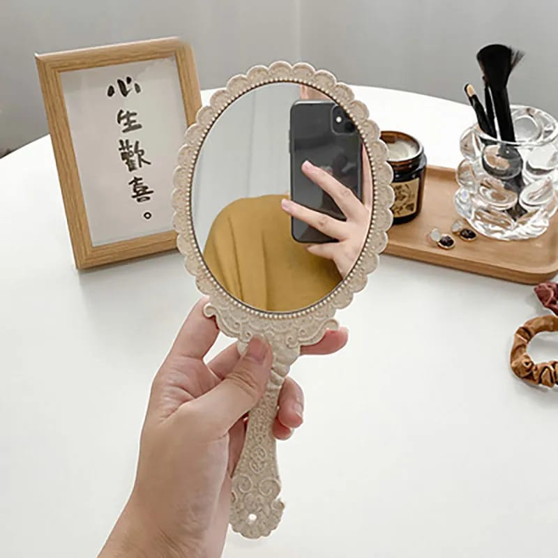 Cermin Genggam Cermin Gagang Makeup Handle Vintage Dengan Motif Ukir Mirror Portable F816