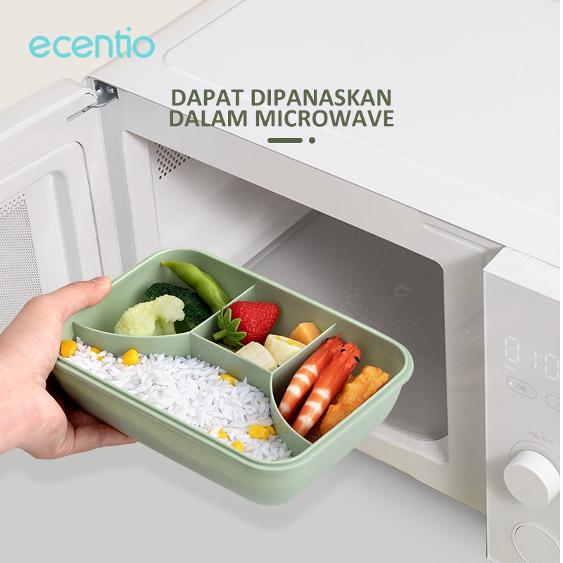 ecentio Lunch Box Set 4 Grid Anti Tumpah Dan Tas/Kotak Bekal Makan Botol Minum Free Sendok Tempat Makan Lucu Bag BPA free