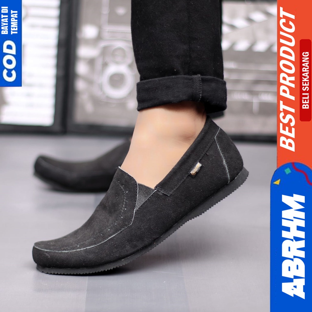 ABRHM X JESTER Sepatu Slip On Pria Sepatu Casual Slip On Kulit Asli Suede Cowo/Cowok Santai Kerja Sepatu Kasual Gaya Keren Kekinian Murah Terlaris