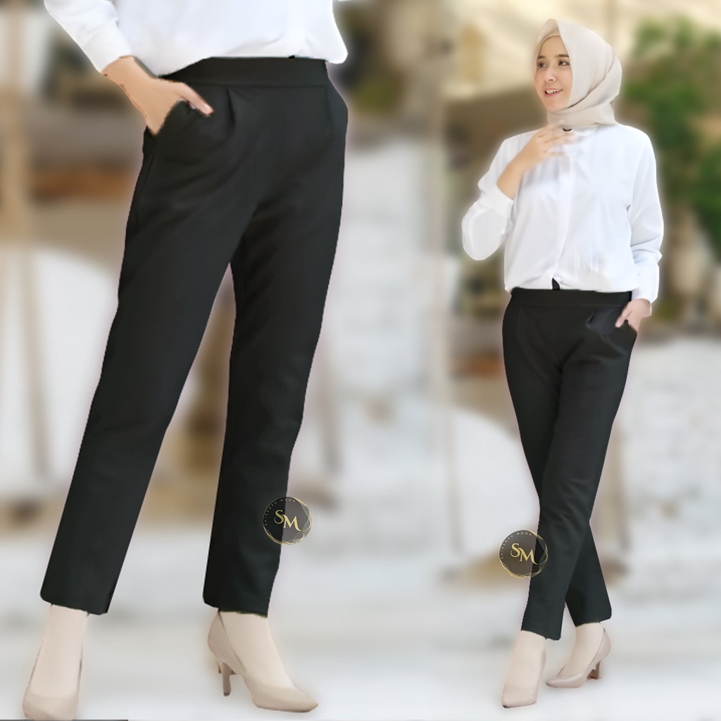 Celana Panjang Wanita Untuk Kerja Kantor Dengan Pinggang Karet Bahan Stretch Formal