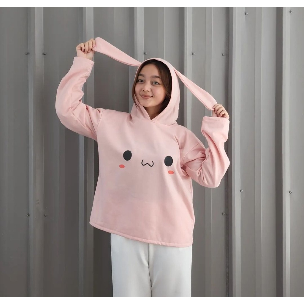 EAR RABBIT HOODIE WANITA BAHAN FLEECE KOREAN FASHION OUTFIT SANTAI KEKINIAN