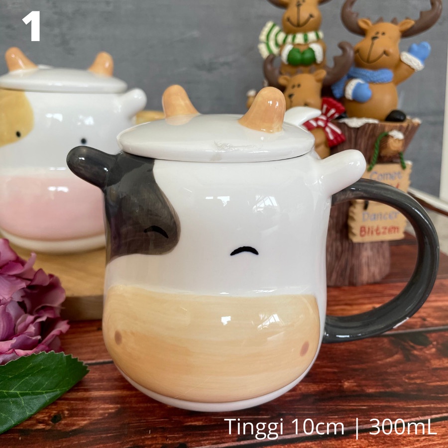 Mug Keramik Sapi Cow Sendok Gelas Ceramic Minum Kopi Teh Premium Import