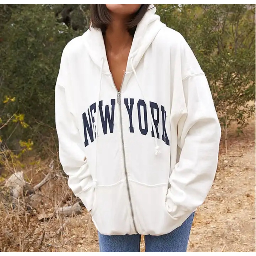 SWEATER HOODIE NEW YORK ZIPPER PRIA WANITA OUTFIT KOREAN FASHION TERKINI