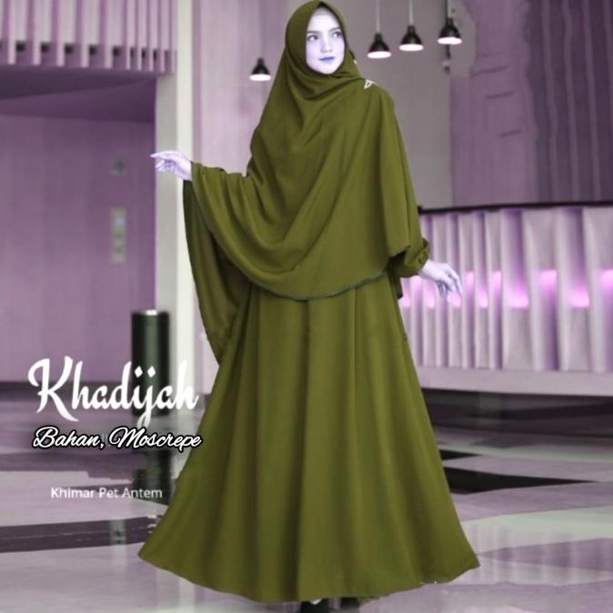 Gamis Khadijah Syari Jumbo - Baju Muslim Wanita Satu Set Jilbab - Army