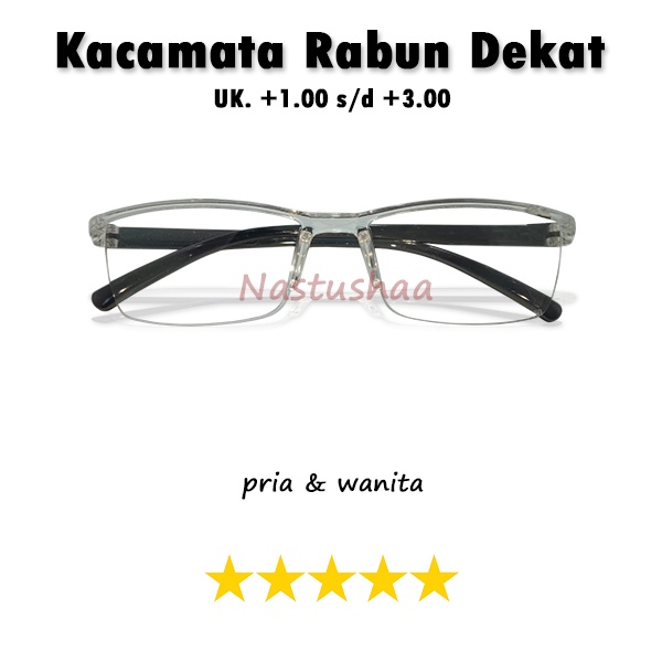 Kacamata Lensa Plus Baca (+) Uk. +1.00 s/d +3.00 Model Semi Rimless Transparan Gagang Hitam Rabun Dekat Pria dan Wanita FREECASE