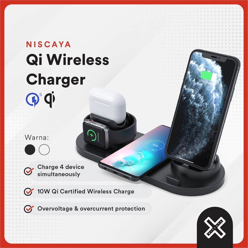 NISCAYA Smart 3in1 Qi Wireless Charger 10W - Berkualitas Apple Airpods