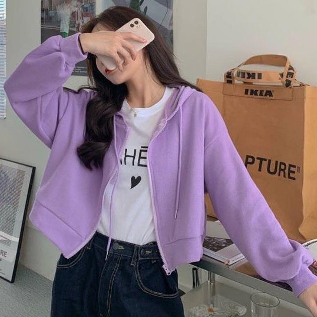 RECOMENDED Jaket Wanita - croope hoodie zipper lilac