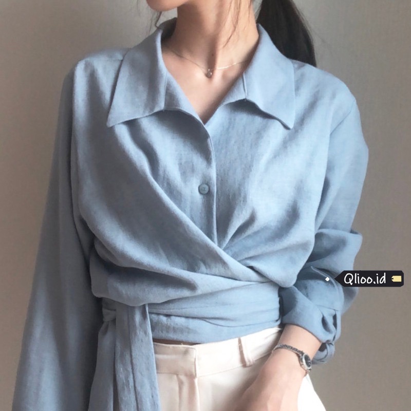 Korean Style Kemeja Lengan Panjang Wanita Polos Tidak Teratur Blouse