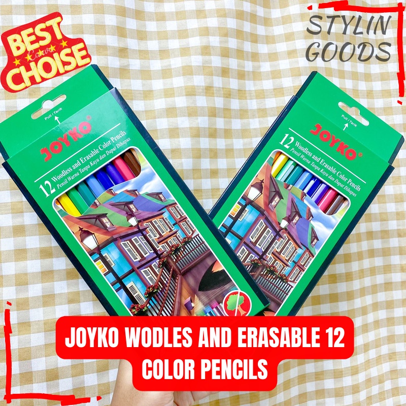 

12 PCS PENSIL WARNA JOYKO KEMASAN HIJAU WODLES AND ERASABLE COLOR PENCILS CP-109 BISA COD