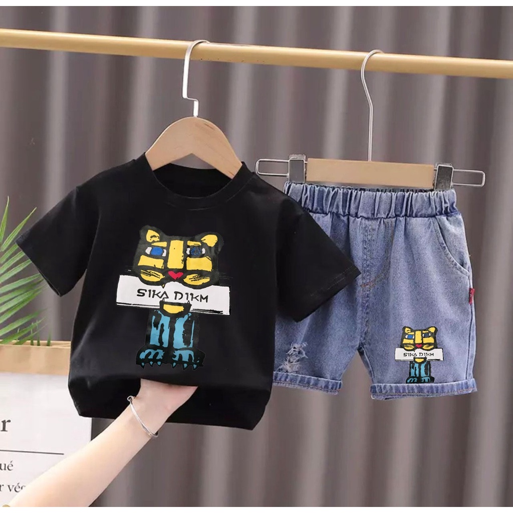 PROMO-SETELAN ANAK BAJU KAOS CELANA PENDEK BAHAN DENIM UMUR 1-5 TAHUN MOTIF KUCING SIKADIM BAJU ANAK PAKAIAN ANAK TERBARU FASION ANAK TERMURAH